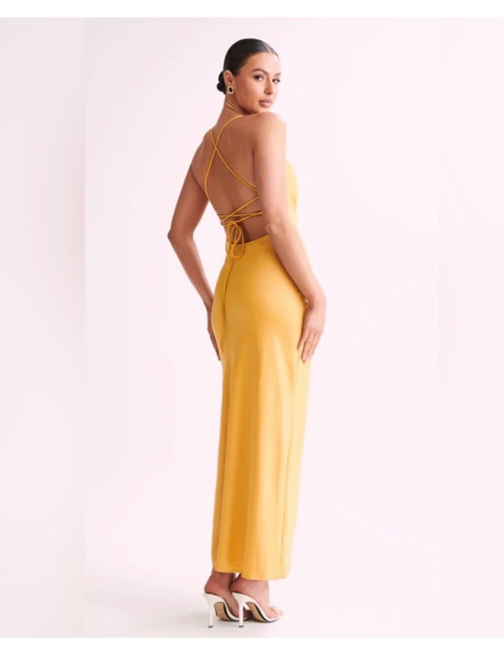 MESHKI Sydney Satin Cowl Neck Slip Bodycon Dress in Mustard Yellow XXS